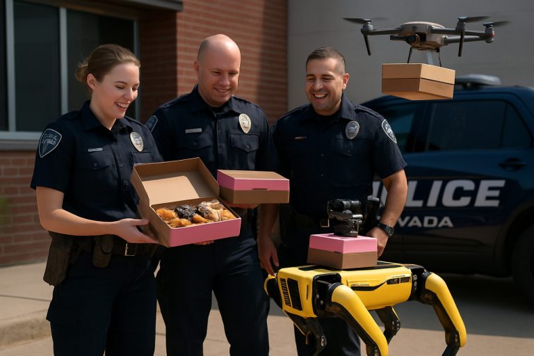 Politie in Colorado verwelkomt donuts geleverd door robot hond en drone in futuristische Nationale Donutdag verrassing